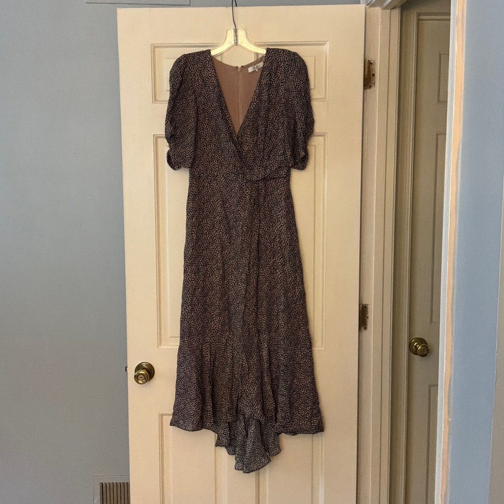 Parker Silk Blend Brown Polka Dot Midi Dress 4 Ruffle Hem Cocktail Chic Office